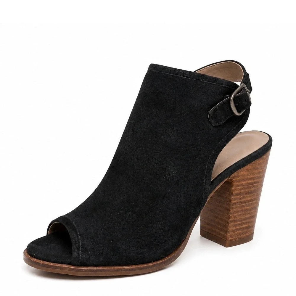 Lucky Brand 5.5 Lisza Bootie Peep Toe Slingback Stacked Block Heel Black Leather